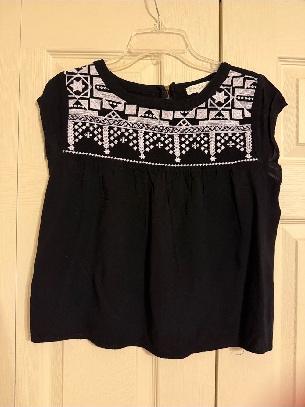 love, Fire Black Cap-Sleeve Top with White Embroidered Yoke